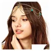 Hairpins Ethnic Boho S Bride Hairpin Accessories For Women Gold Tassels Charm Hairbands Green Turquoises Head Chains Jewelry Dhn1D
