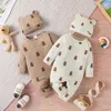 Conjunto de macacão 2 macacões para bebês meninas com impressão de urso manga longa waffle e conjunto de chapéu G220606