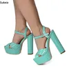 Sukeia Women Summer Sandals Patent Leather Chunky Hote Peep Toe Beautiful Light Blue Party Shoes Ladies USサイズ5-20