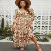 Kvinnor Tiered Pleat Ruffle Elegant Floral Printing Bohemian Boho Long Sleeve Maxi Dress Ladies