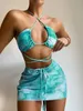 Women's Swimwear Bandeau Bikini Pink Print Swimwear Women Skirts 3 Pieces Set Halter String Swimsuit Women Sexy Bathing Suit Summer Bikinis 230606