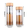 Portable Bamboo Lid Water Cups Double Walled Glass Tea Tumbler Strainer Infuser Basket Glass Transparent Water Bottles