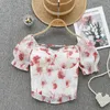 Women's Blouses Women Chic Print Puff Sleeve Top Slim Basic Sexy Korean Fashion Bow Square Neck Summer Corset Bustier