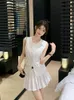 Women's high quality sleeveless blazer vest and high waist pleated short skirt twinset 2 pc dress suit SML