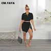 Calça feminina de duas peças CM.YAYA Malha branca com nervuras lado feminino fenda lateral minissaia evasê e camiseta com gola polo 2023 INS Outfit Two Conjunto de 2 peças J230607