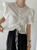 Women's Blouses Women Fashion Drawstring Tie Bow Fold Shirt O-neck White Loose Casual Bubble Sleeve Blusas 2023 Summer Tide Top Y597