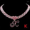 Chains Fashion Pink Crystal Cursive Letter Pendant Necklace For Women Men Bling 26 Initials 14MM Prong Cuban Necklaces Hiphop Jewelry