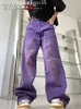 Jeans Tawaaiw Purple Pocket Mom Jeans Korean Style Hip Hop High midja Hösten 2022 pojkvän Jeans för kvinnor denim byxor y2k cool