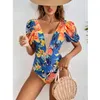 Swim Wear 2023 Mesh Sexig badkläder Kvinnor Swimsuit Floral Bathing Suit V Neck Beach Padded Bodysuit Monokini Female 230605