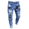 Mens Jeans män stretchig rippad mager cyklist broderi tryck förstört hål tejpad smal fit denim repade hög kvalitet jean 230606