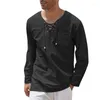 Camisas casuais masculinas 2023 Moda de lazer européia e americana para homens vendendo linho de algodão Lace V -Neck Long -Sleeved Shirt