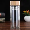 Portable Bamboo Lid Water Cups Double Walled Glass Tea Tumbler Strainer Infuser Basket Glass Transparent Water Bottles