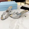 Fashionable slippers classic luxury rhinestone decorative designer shoes women 7.5CM high heels casual one line sandals satin leather lining size 42 scuff