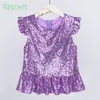 T-shirts Kids Girls Mermaid Costume Sparkly Sequins Short Flutter Sleeves Ruffle T-shirts Dance Performance Carnival Birthday Party Tops 230606