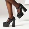 Sandaler Storlek 45 Wide Fit Ladies Pumps High Platform Chunky Heels Shoe Square Toe Women Buckle Strap Mary Jane Shoes