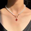 Подвесные ожерелья Boho Red Heart Coungle Chain Vintage Pearl Choker CZ Toggle Clasp Women and Girls Jewelry