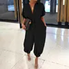 2023 new clubwear jumpsuits amp rompers leopard print Jumpsuit women's short sleeve button casual pants loose size black clothes S-5XL