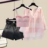 Women's Two Piece Pants Fashion Tie-dyed Shorts Sunscreen Plaid Shirt Pink Bra Three-piece Elegant Women's Pants Set Summer Outfits Tracksuit for 230606