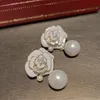 New trendy ins fashion luxury designer sparkle zirconia diamond earring pretty rose flower drop pearl pendant earring for woman gifts with jewelry box silver post