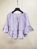 Women's Blouses Women White Purple Black Shirt Ruffles Hollow Out Sweet Flared Sleeve O-neck Female Drawstring Loose