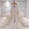 Robes de mariée sirène en dentelle et perles de cristal appliquées sur l'épaule avec train de balayage détachable et paillettes, 2023