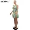 CMYAYA Femmes Été Imprimé Spaghetti Strap Plongeant Col En V Volants Ourlet Big Swing Mini Robe Plage Boho Sexy Robe D'été 230606