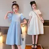 Kız Elbiseleri 6-15 Genç Kızlar Yaz Elbisesi Mavi Beyaz Kollu Prenses Zarif İnci Yaka Çocuk Kıyafetleri R230607