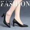 Pofulove High Heels Women Shoes Black Leather Work Shoes Ladies Office Mid-heel Formal Professional Pumps Fashion 6cm 8cm