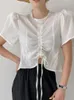 Women's Blouses Women Fashion Drawstring Tie Bow Fold Shirt O-neck White Loose Casual Bubble Sleeve Blusas 2023 Summer Tide Top Y597