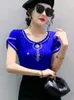 Women's T Shirts 2023 Summer Short Sleeved Women's T-Shirt Elegant Slim Drilling Mesh Tops M-3XL Black Blue Female Blusas Clothes