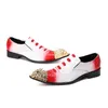 Sapatos masculinos estilo italiano Sapatos formais de couro com biqueira de aço dourado Homens com cadarço Branco Vermelho Sapatos de festa e casamento masculinos, UE 38-46