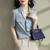 Damskie bluzki biuro dama solidna kolor elegancka bluzka w dekolcie 2023 Summer krótkiego rękawu swobodne kieszenie splatane stylowe sznurka prosta