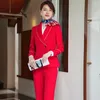 Damen-Zweiteiler, IZICFLY-Stil, koreanischer roter Blazer-Sets, Flugbegleiter-Kleidung, Herbst-Outfits, Damen-Hosenanzug, Empfangsuniform für