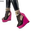 Sukeia New Arrivic Women Platform Sandals Rivets Wedges Peep Toe Gorgeous Fuchsia Red Pink Dress Shoes Ladies Us Size 5-20