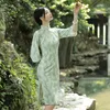 Etniska kläder elegant pärlstav mandarin krage chiffon cheongsam spets trumpet ärm ärm qipao kinesiska kvinnor klänning