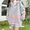 Damenjacken Kapuzenjacke Damen Herbst 2023 Lose Weiche Mädchen Kontrastfarbe Student Reißverschluss Mantel Tops Weiblich Japanisch Kawaii Rosa