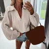 Kadın Bluzları 2023 Katı Kadınlar Sıradan Üstler Blusa Bayanlar Moda Uzun Kollu Bluz Zarif Dönüş Yaka Gevşek Gömlek Külkü