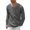 Camisas casuais masculinas 2023 Moda de lazer européia e americana para homens vendendo linho de algodão Lace V -Neck Long -Sleeved Shirt