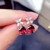 Oorknopjes Little Clover Flowers Red Crystal Ruby Gemstones Diamond For Women 14k White Gold Silver Color Sieraden Accessoires