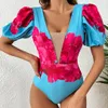 Swim Wear 2023 Mesh Sexig badkläder Kvinnor Swimsuit Floral Bathing Suit V Neck Beach Padded Bodysuit Monokini Female 230605