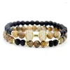 Bracelets porte-bonheur 2 pièces/ensemble naturel Onyx écorce pierre brin Bracelet hommes cuivre incrusté Micro CZ haltères énergie pour Couples bijoux chanceux