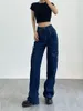 Women's Jeans Dark Blue Washed Pocket Cargo Pants American Retro Fashion Y2k Wide Leg Women Autumn Girl High Waist