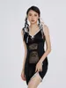 Casual Dresses WSevypo Goth Grunge Black Summer Dress Women's Sleeveless V Neck Lace Trim Mini Retro 90s Seugh Stree Sheer Strap