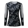 Camisetas Femininas 2023 Camisa Sexy Elegante Top Blusa Decote Redondo Manga Longa Estampa Floral Moda Casual Streetwear Pulôveres