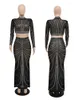 Conjunto de vestidos de trabalho sexy preto brilhante com strass cristal transparente 2023 blusa feminina de manga comprida e ternos maxi vestidos para boate