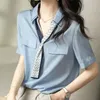 Women's Blouses Office Lady Solid Color Elegant V-Neck Blouse 2023 Summer Short Sleeve Casual Pockets Spliced Stylish Drawstring Straight