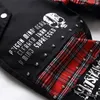 Heren Jeans Schotland Rode Plaid Tartan Patchwork Punk Klinknagel Patch Zwarte Denim Broek Schedel Letters Gedrukt Slanke Rechte Broek 230606