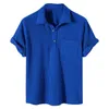 Erkek Polos Sıradan Ekose Polo Gömlek Üst Taş Çekme Yaka Düğmesi Bluz Kısa Kollu Katı Cep Gömlek Erkek Giyim 230607
