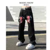 Mens Jeans Devil Printed High Street Vintage Y2K Clothes Black Baggy Straight Trousers Streetwear Wide Leg Pants Men 230606