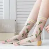 Mode Sommer Harajuku Socken Ultra-dünne Transparente Kristall Seide Socken Frauen Tulpe Muster Streetwear Elastische Strümpfe